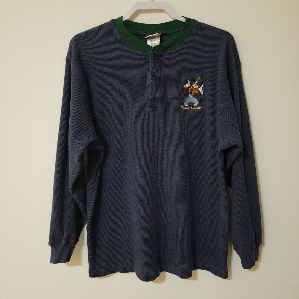 Disney Store Mens Cotton Henley Shirt M Embroidered Goofy Waffle Blue Green Trim - Picture 1 of 9